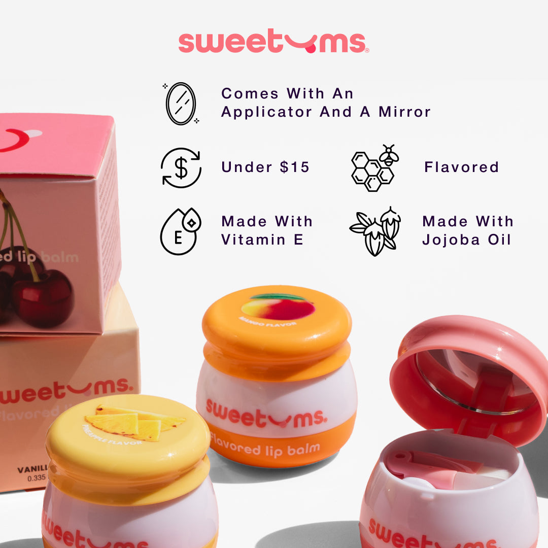 Lip balm with applicator and mirror, flavored and made with vitamin E and jojoba oil.