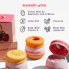 Lip balm with applicator and mirror, flavored and made with vitamin E and jojoba oil.