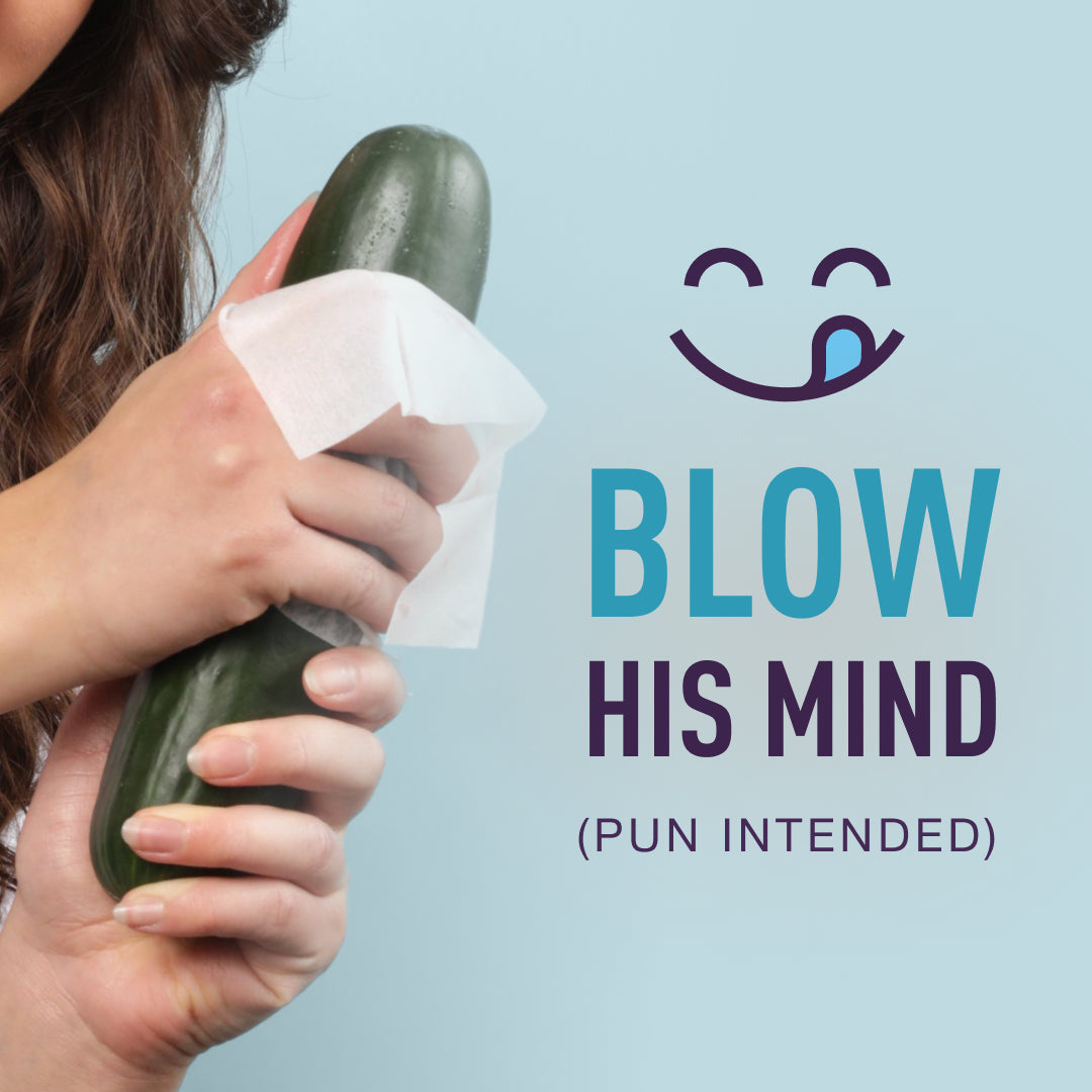 a woman wiping a cucumber in a suggestive way with a lucky wipe