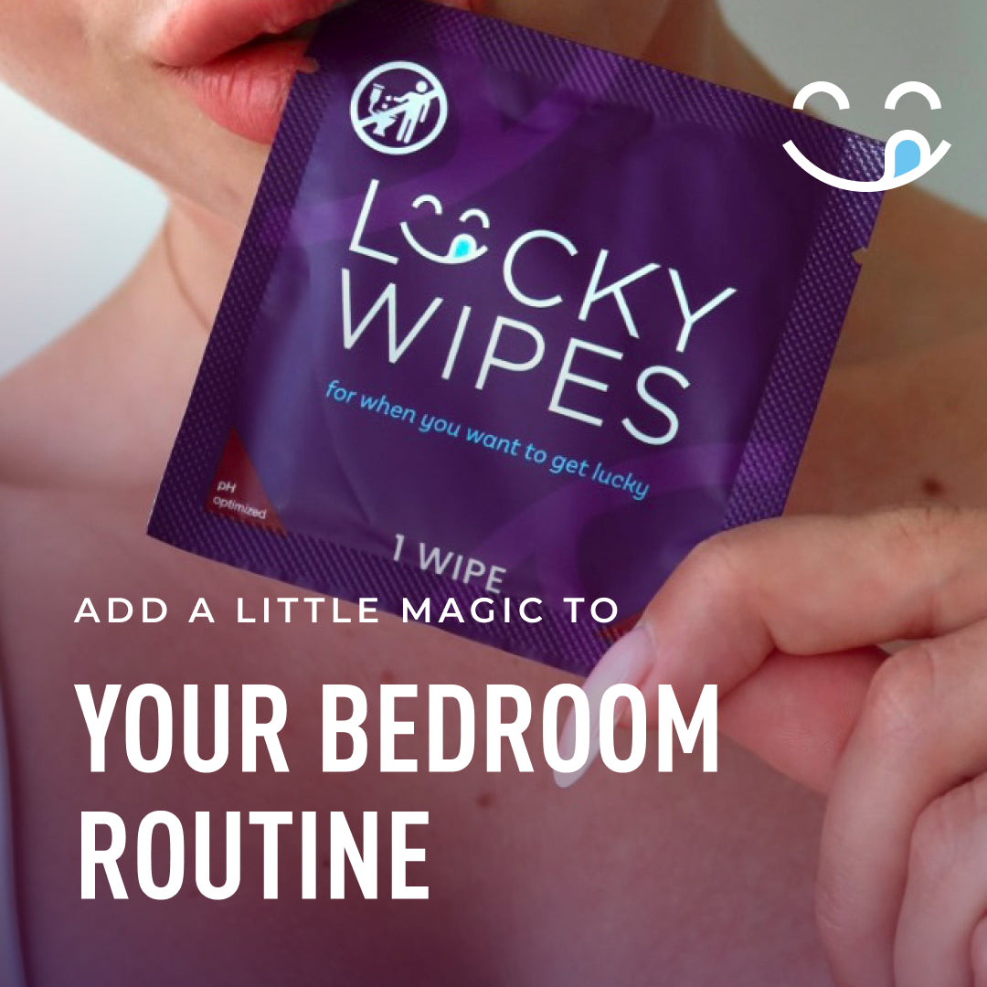 Purple packet of 'Lucky Wipes' held by a person, with humorous text.