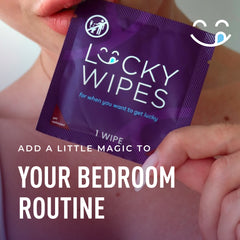 Purple packet of 'Lucky Wipes' held by a person, with humorous text.