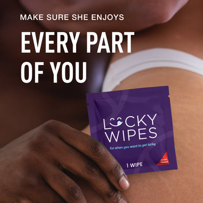 Purple packet of Lucky Wipes on skin with text 'Make sure she enjoys every part of you'.