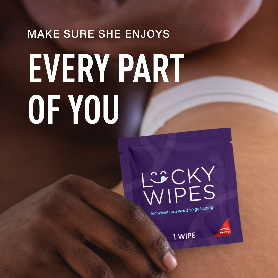Purple packet of Lucky Wipes on skin with text 'Make sure she enjoys every part of you'.