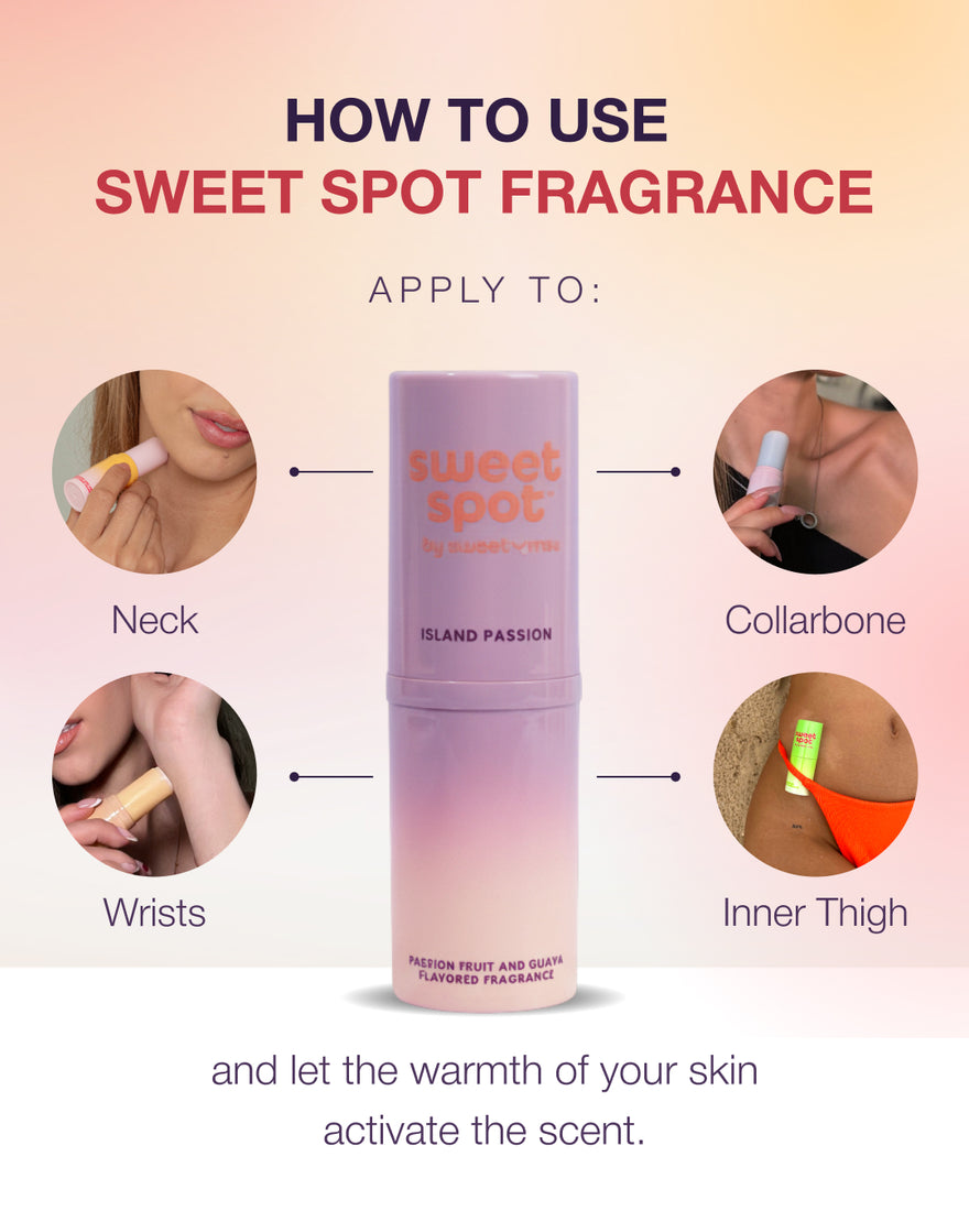 Sweet Spot fragrance bottle with application instructions on a pink background