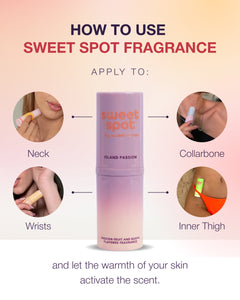 Sweet Spot fragrance bottle with application instructions on a pink background