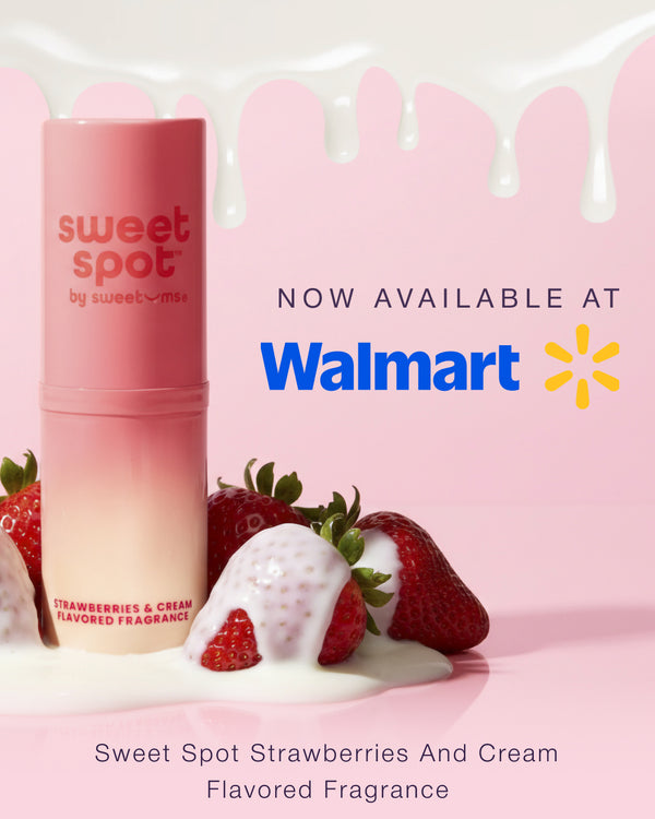 Sweet Spot Strawberry and Cream flavored fragrance with strawberries and cream on a pink background, available at Walmart.