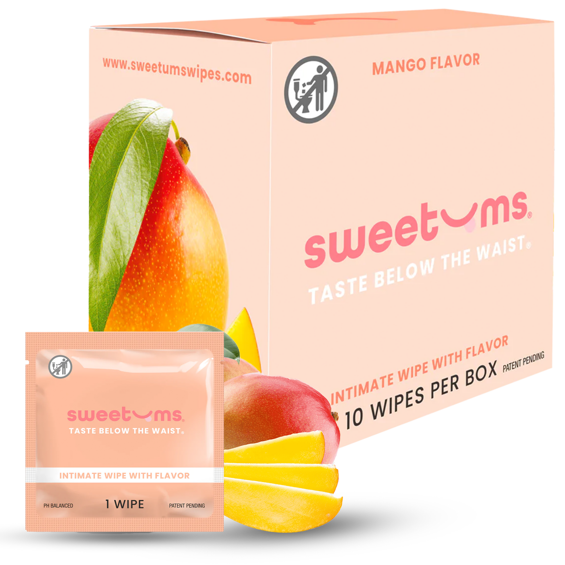 Box and single wipe of sweetums mango-flavored intimate wipes on a white background
