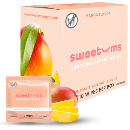 Box and single wipe of sweetums mango-flavored intimate wipes on a white background
