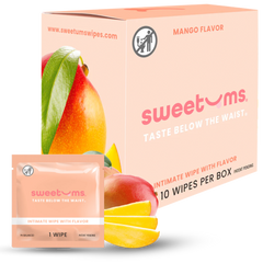Box and single wipe of sweetums mango-flavored intimate wipes on a white background