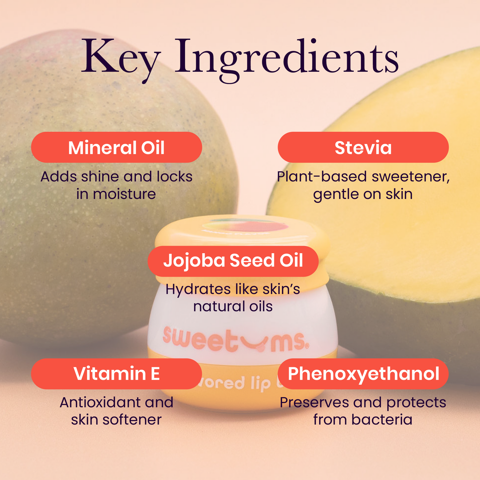 Lip balm with key ingredients labeled on a pink background
