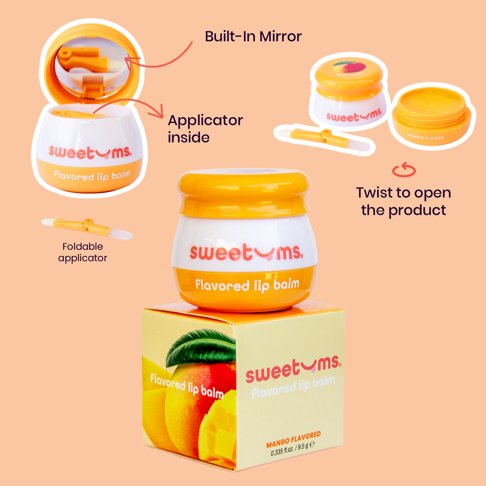 Lip balm with built-in mirror and applicator on peach background