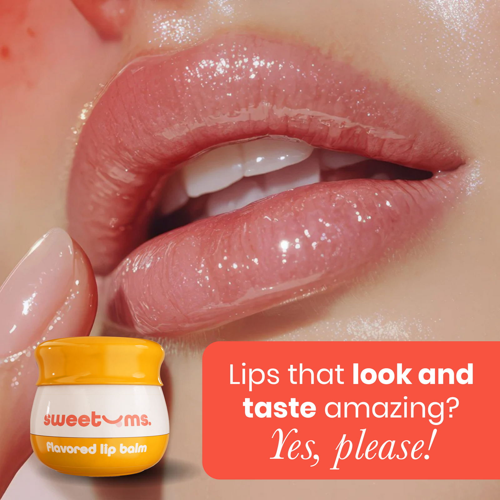 Close-up of lips with a jar of sweetums pineapple flavored lip balm