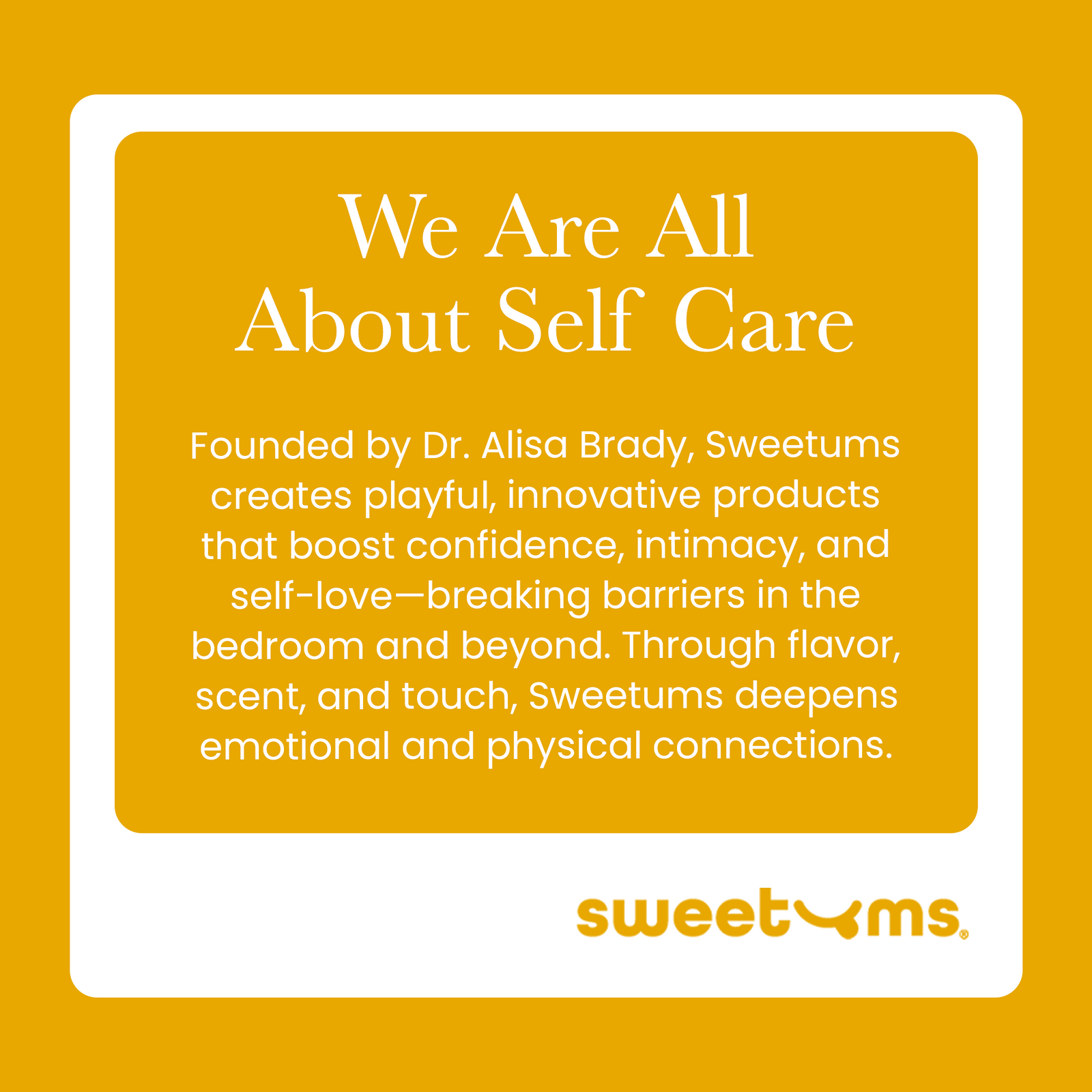 Sweetums company mission description on a yellow background with white text