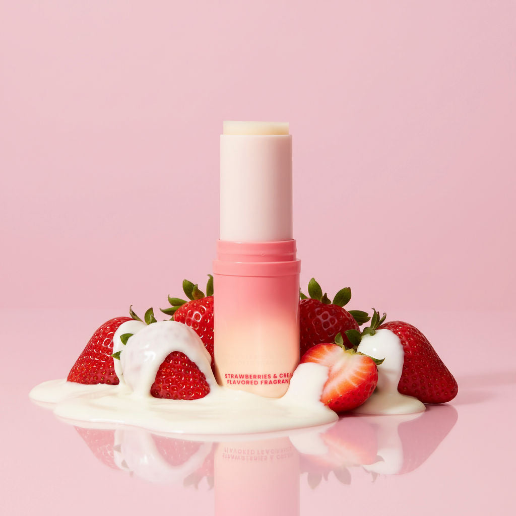Sweet Spot strawberries and cream flavored solid stick fragrance with strawberries on a pink background