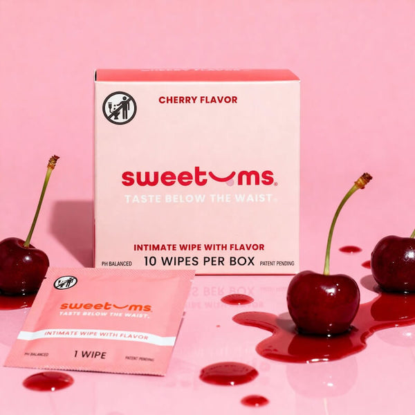 sweetums cherry-flavored intimate wipes packaging on a pink background with cherries.