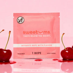 Cherry sweetums wipe on a pink background with cherries next to it.