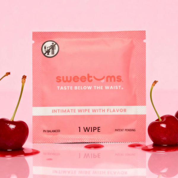 Cherry sweetums wipe on a pink background with cherries next to it.