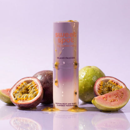 Sweet Spot passion fruit and guava fragrance on a light purple background