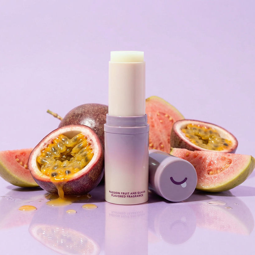 Island Passion fragrance with  guava and passion fruit on a purple background