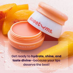 Peach-flavored lip balm with peach slices and product text.