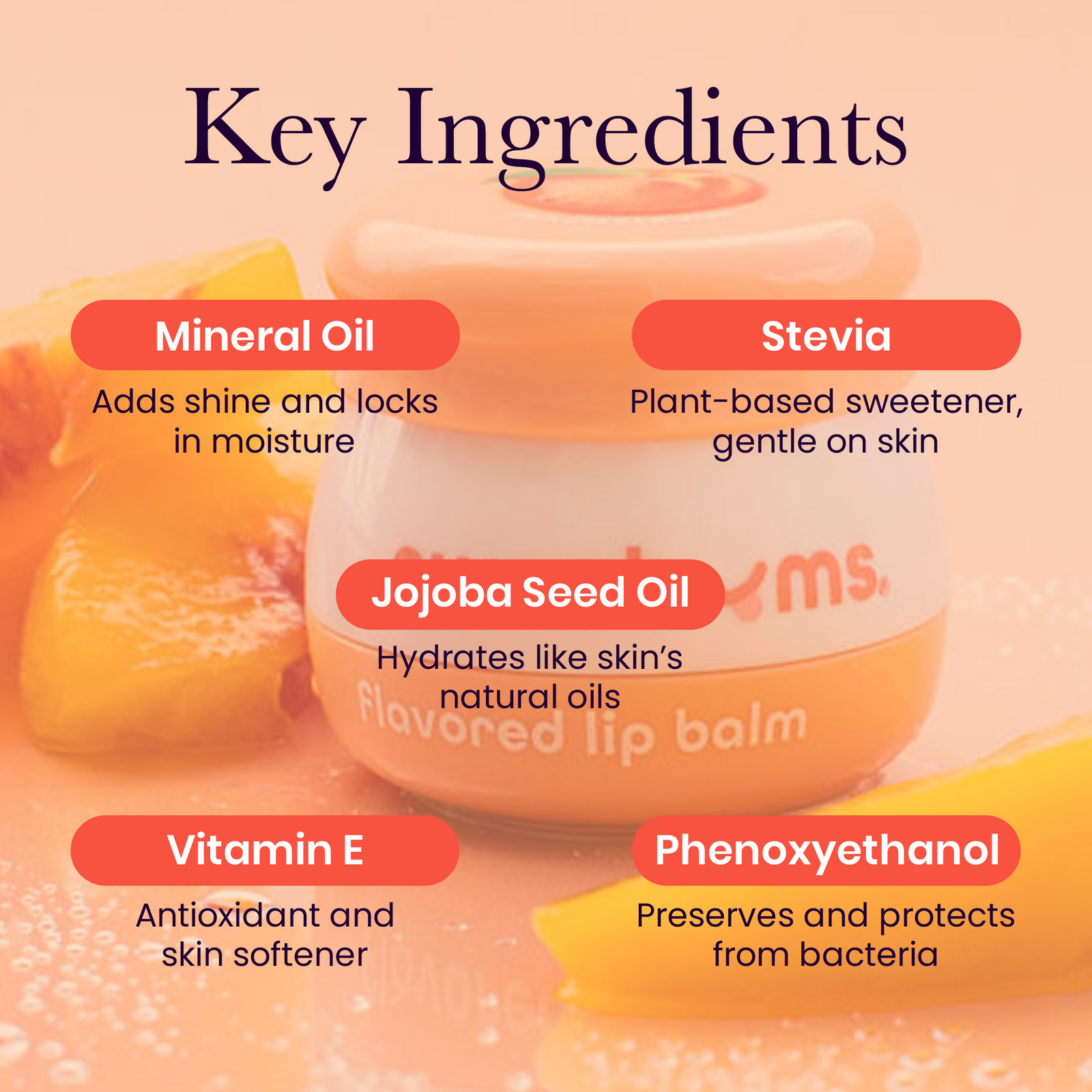 Sweetums peach flavored lip balm with labeled key ingredients on a pink background