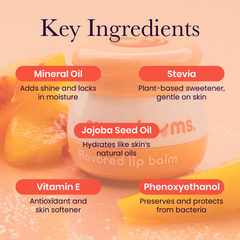 Sweetums peach flavored lip balm with labeled key ingredients on a pink background
