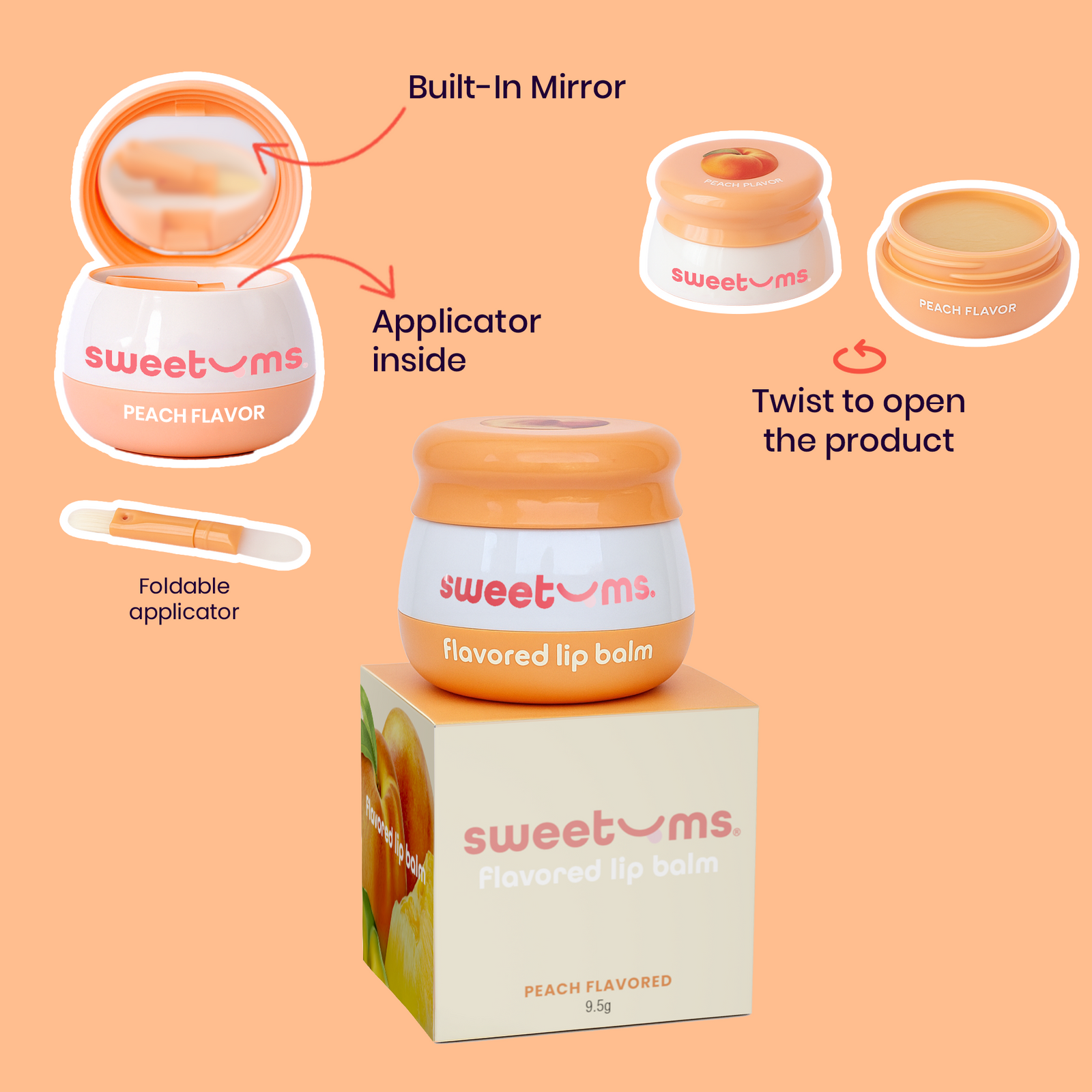 Flavored lip balm with built-in mirror and applicator on peach background