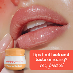 Close-up of lips with a jar of Sweetums peach flavored lip balm