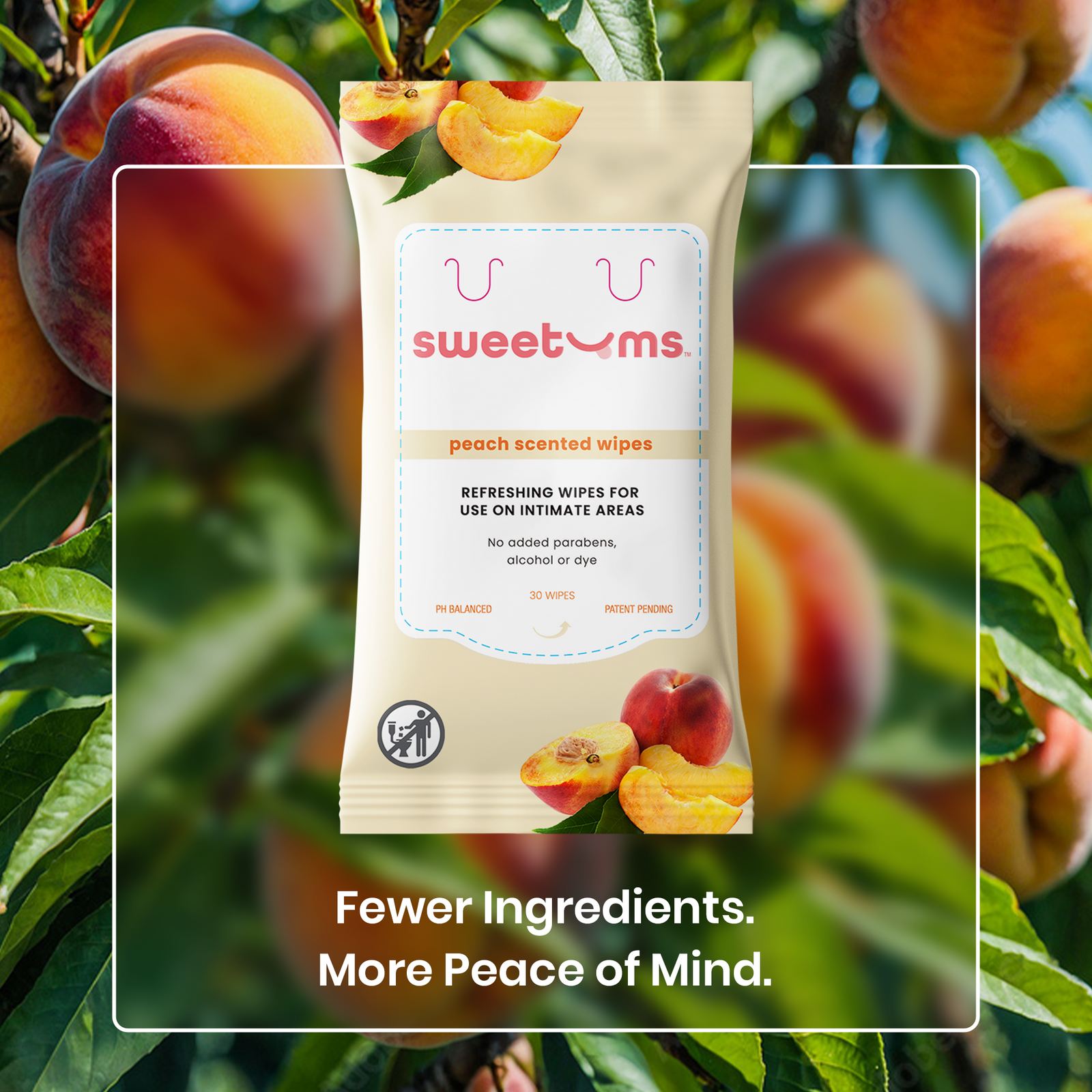 Pack of sweetums peach-scented wipes with peaches in the background
