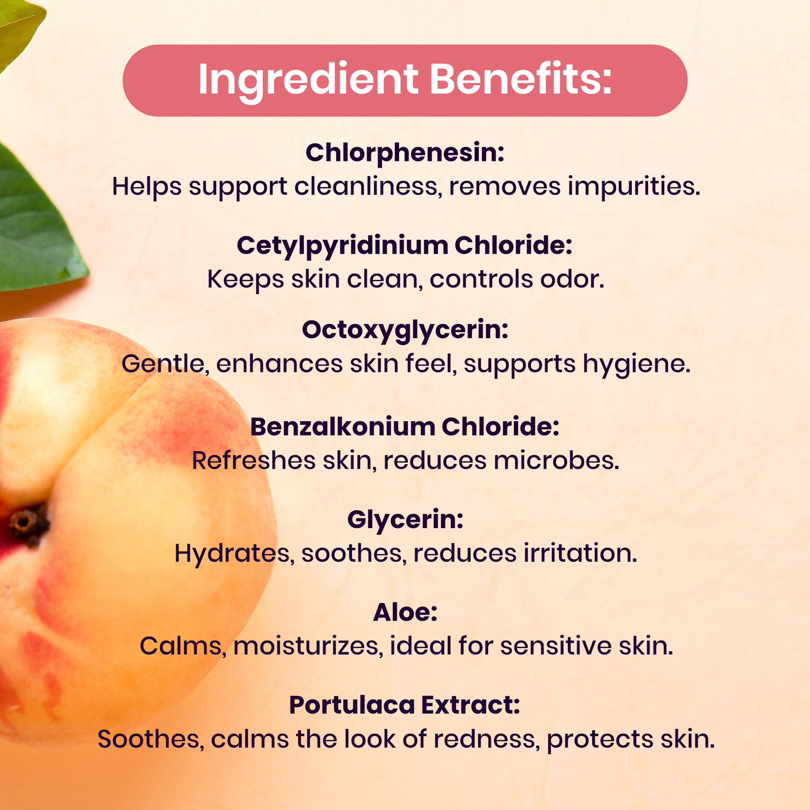 List of sweetums daily feminine wipes ingredient benefits with a peach and leaf on a light background