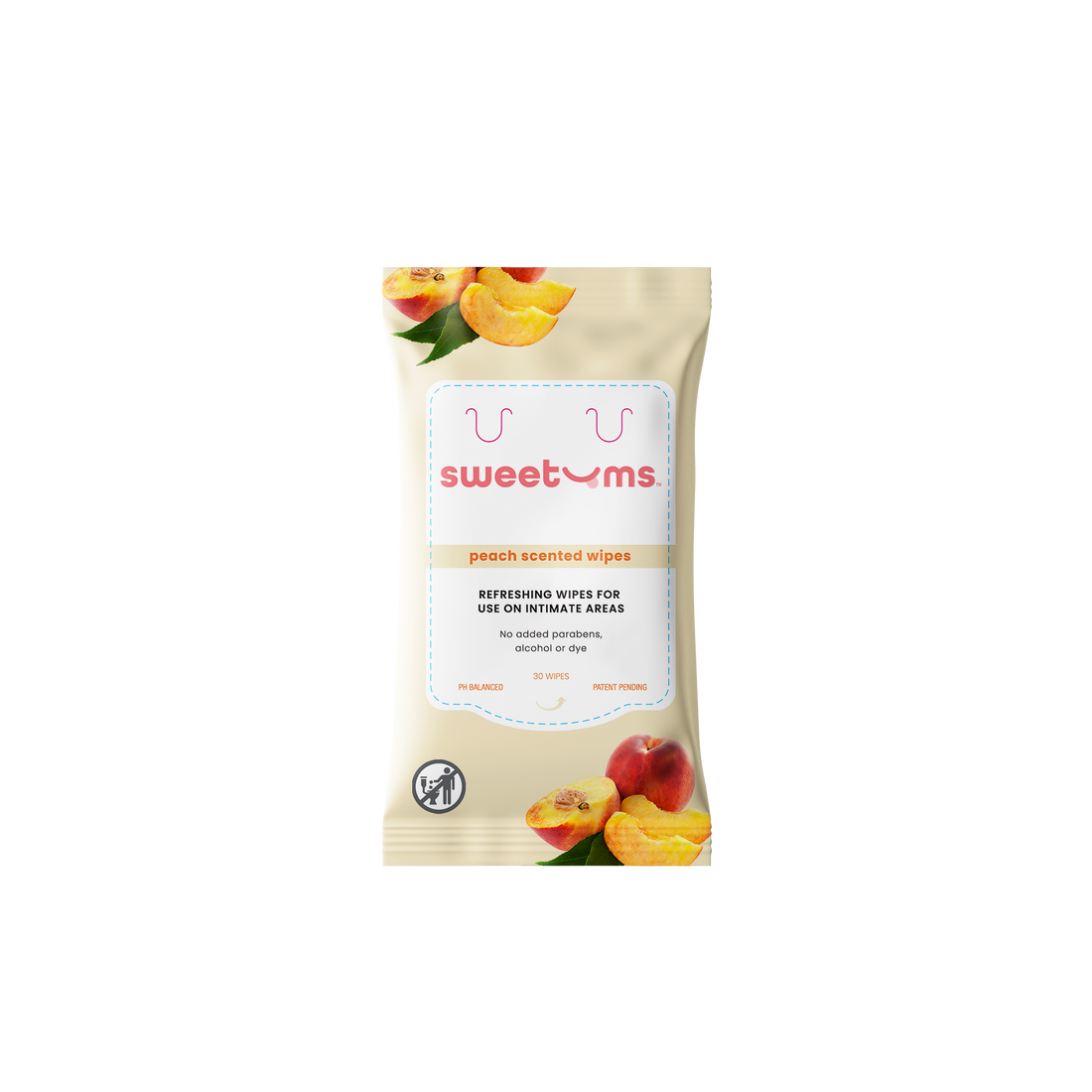 Package of sweetums peach scented feminine wipes on a white background