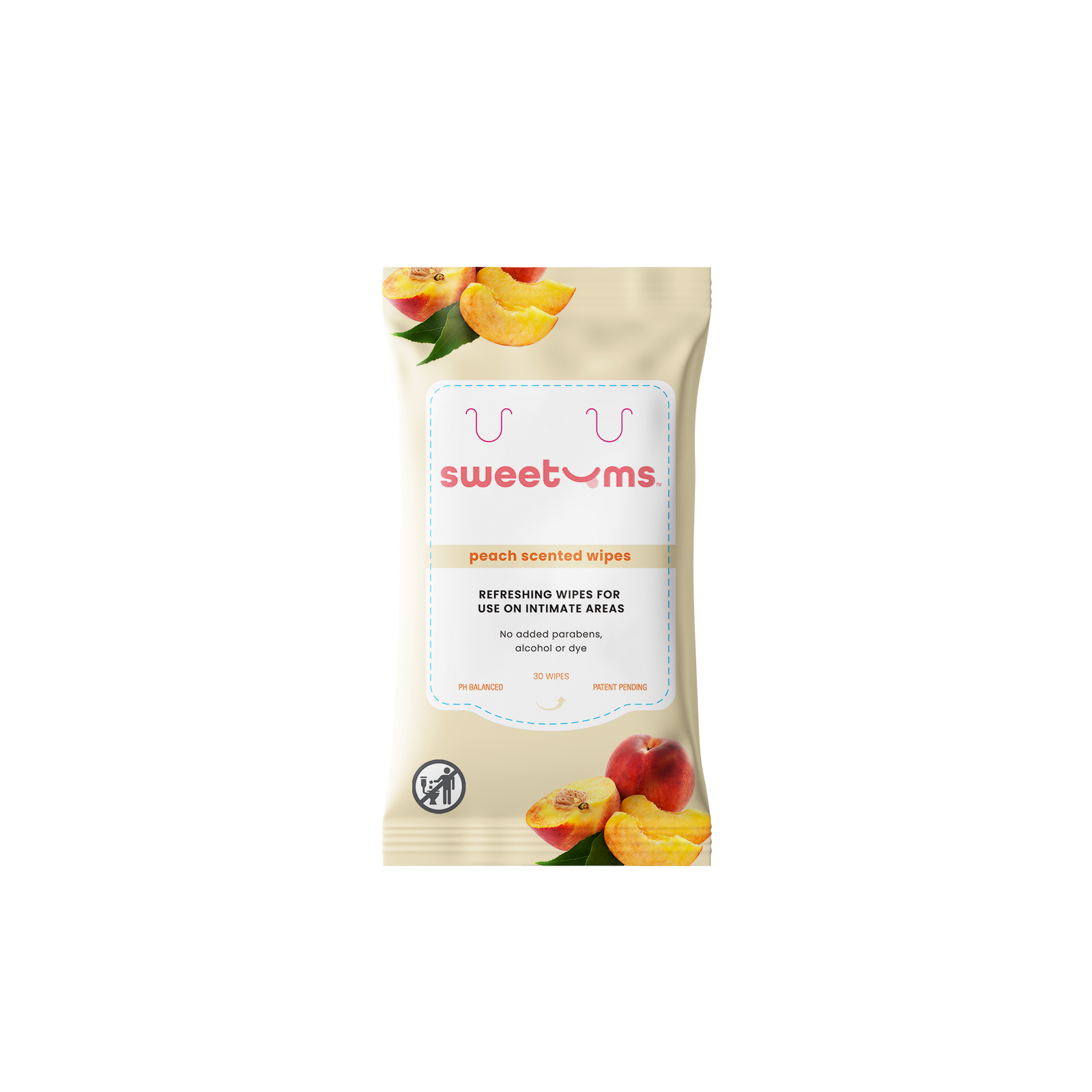 Package of sweetums peach scented feminine wipes on a white background