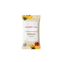 Package of sweetums peach scented feminine wipes on a white background