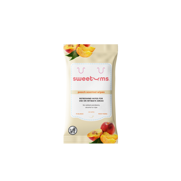 Package of sweetums peach scented feminine wipes on a white background