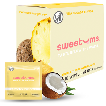 sweetums intimate wipes packaging with pineapple and coconut elements on a white background