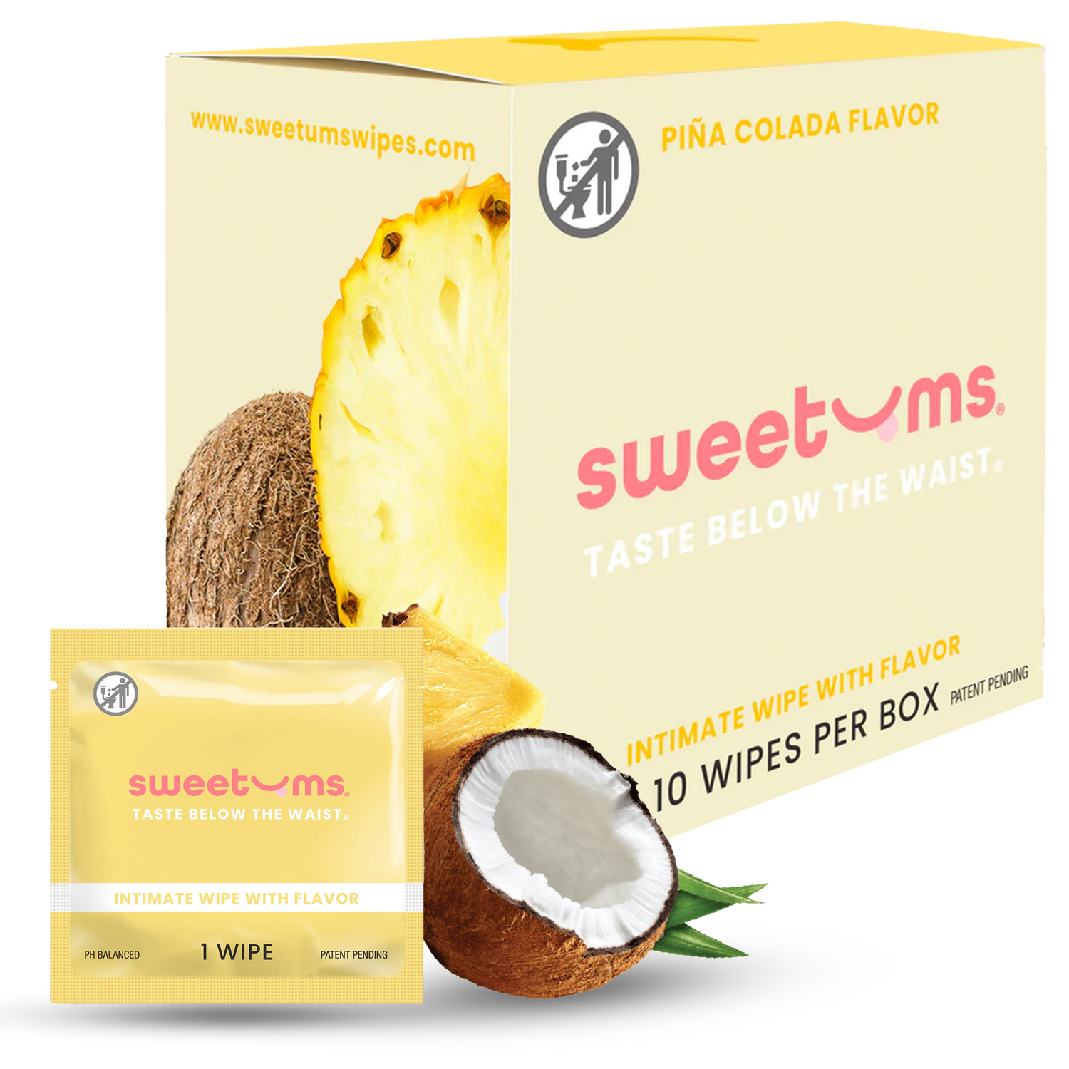 sweetums intimate wipes packaging with pineapple and coconut elements on a white background