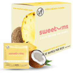 sweetums intimate wipes packaging with pineapple and coconut elements on a white background