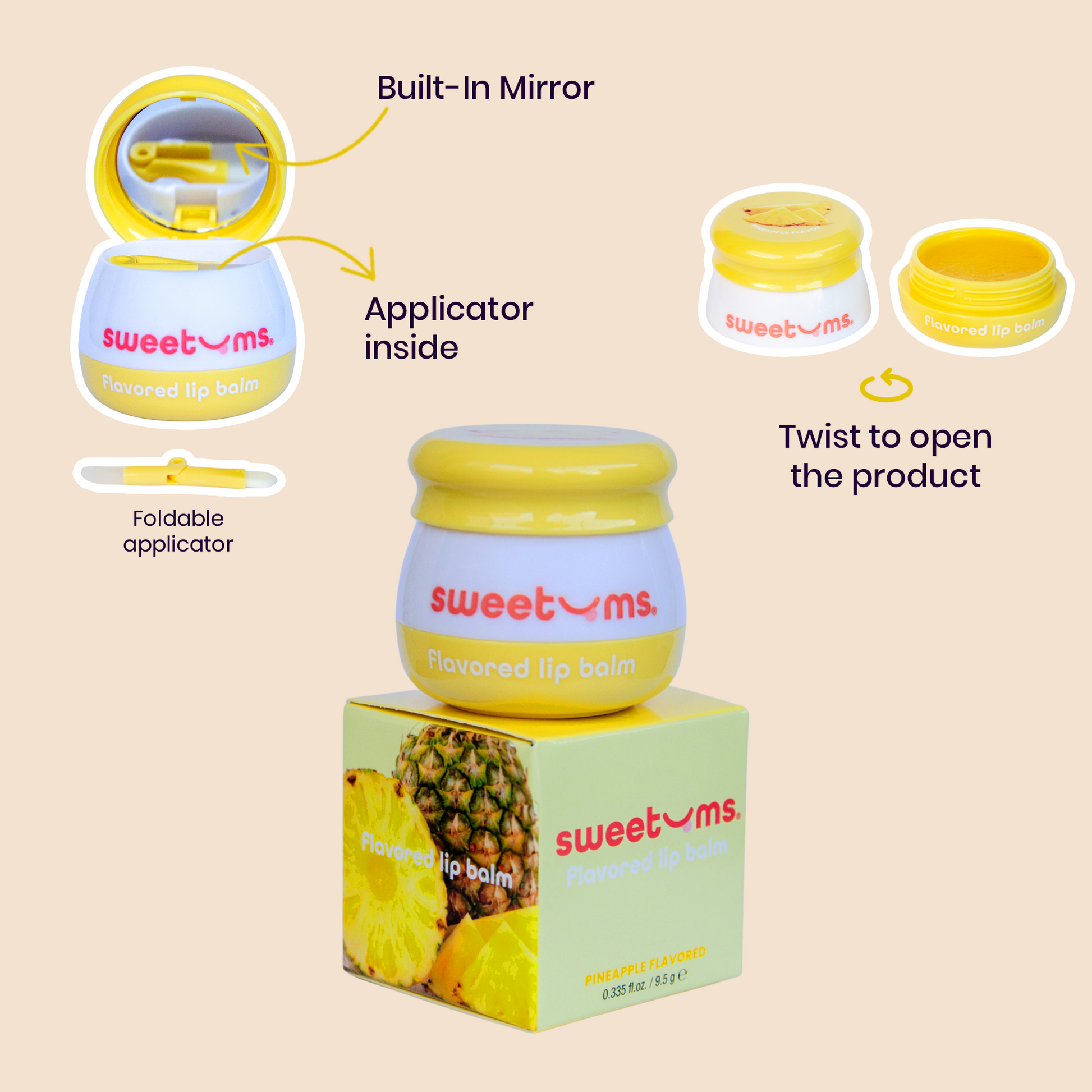 Pineapple sweetums lip balm with packaging and features displayed.