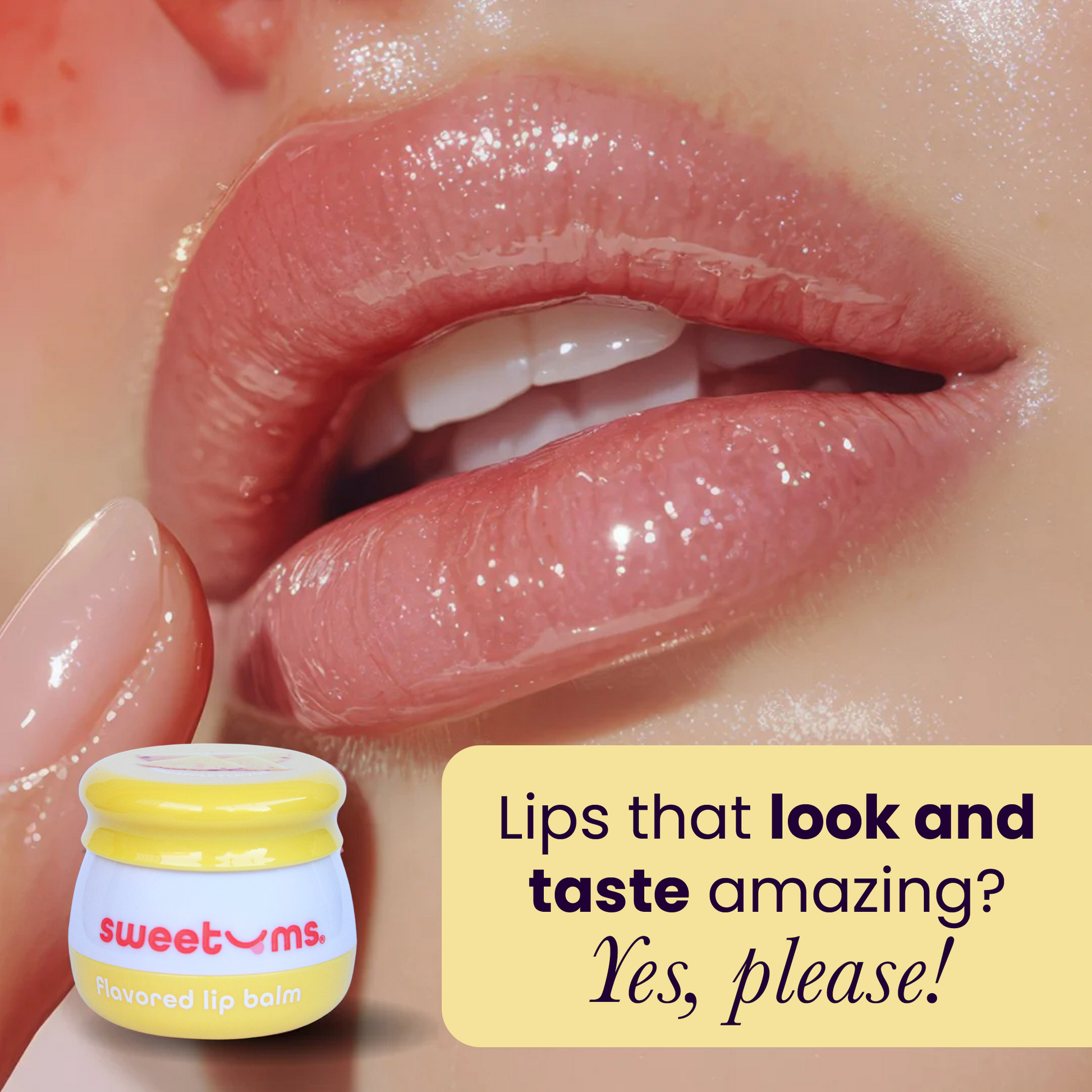 Close-up of lips with a jar of sweetums lip balm