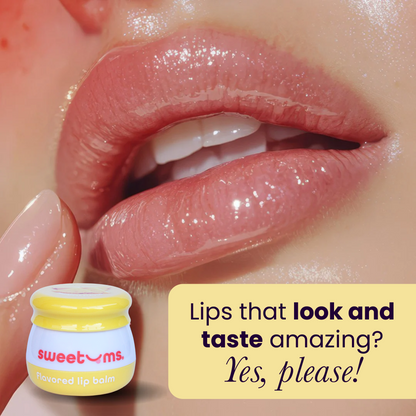 Close-up of lips with a jar of sweetums lip balm