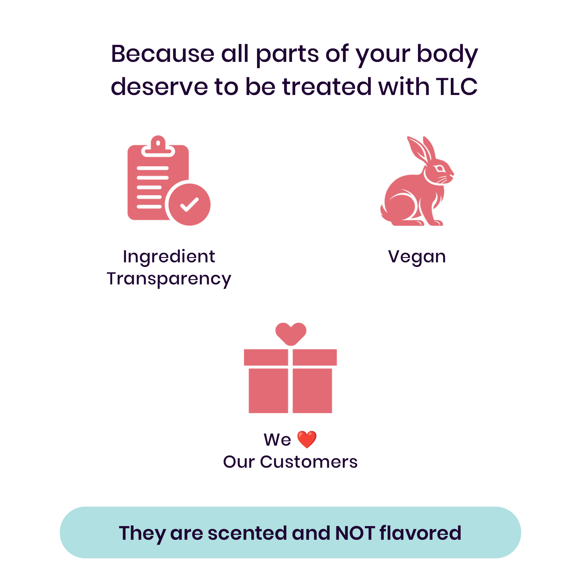 Sweetums scented feminine wipes product features including ingredient transparency, vegan status, and customer care message on a white background.