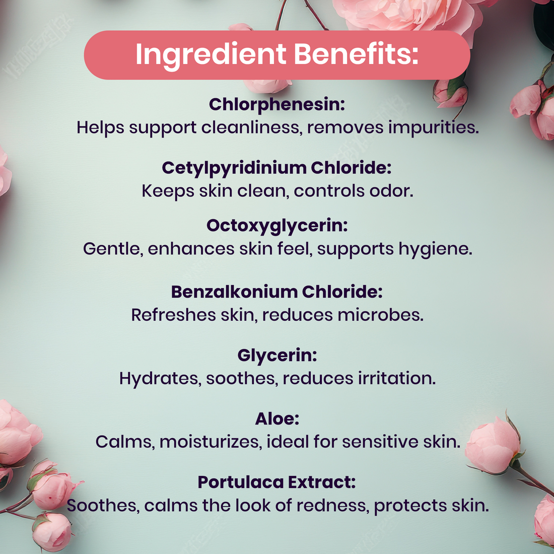 Sweetums rose scented feminine wipes list of skincare ingredient benefits with pink flowers on a light background