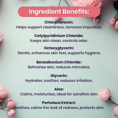 Sweetums rose scented feminine wipes list of skincare ingredient benefits with pink flowers on a light background