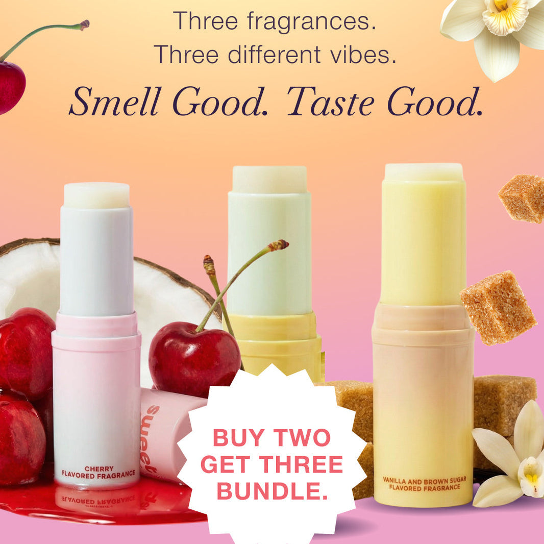 Three fragrances with different flavors and scents on a colorful background with cherries and vanilla beans.