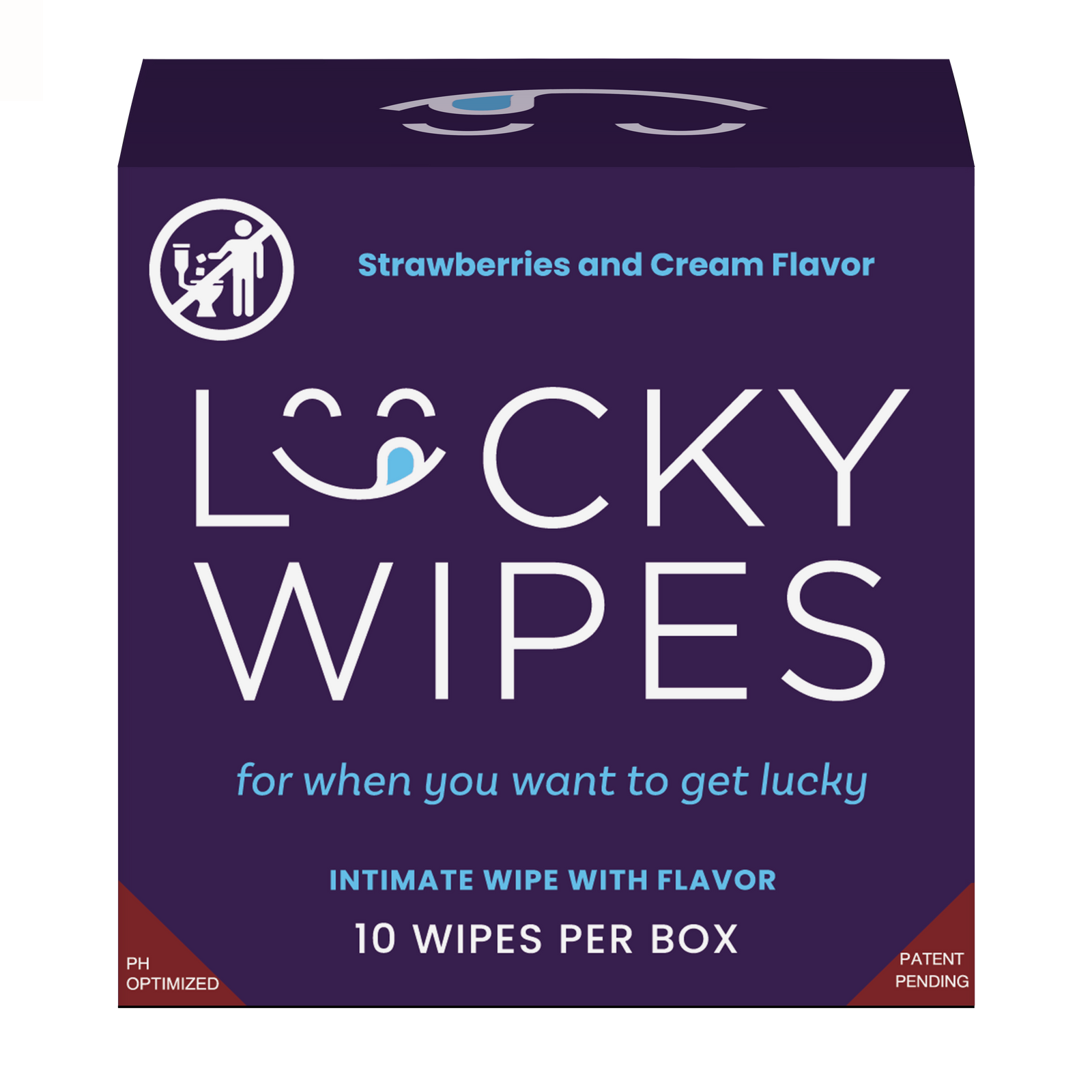 Box of Lucky Wipes with strawberries and cream flavor on a white background