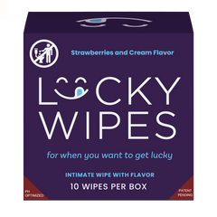Box of Lucky Wipes with strawberries and cream flavor on a white background