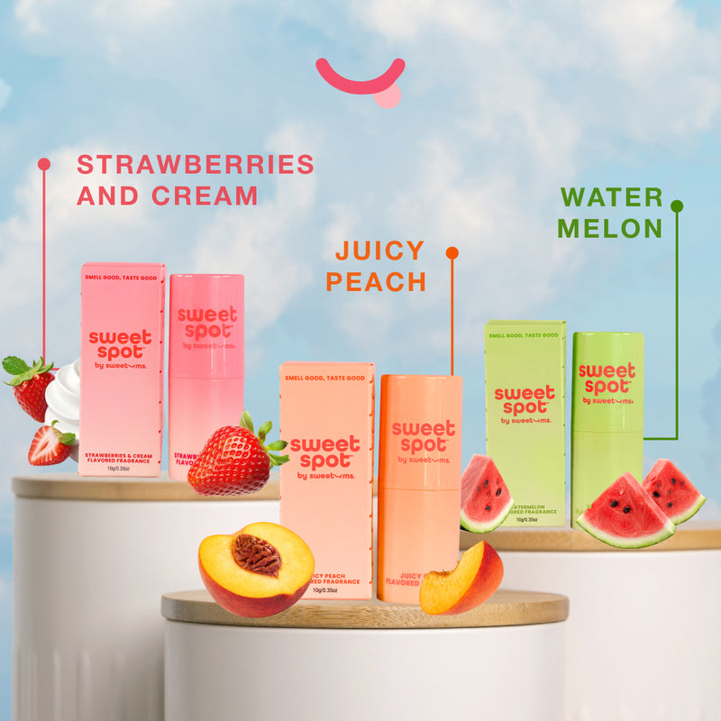 Sweet Spot skincare products with strawberry, peach, and watermelon flavors on a blue sky background