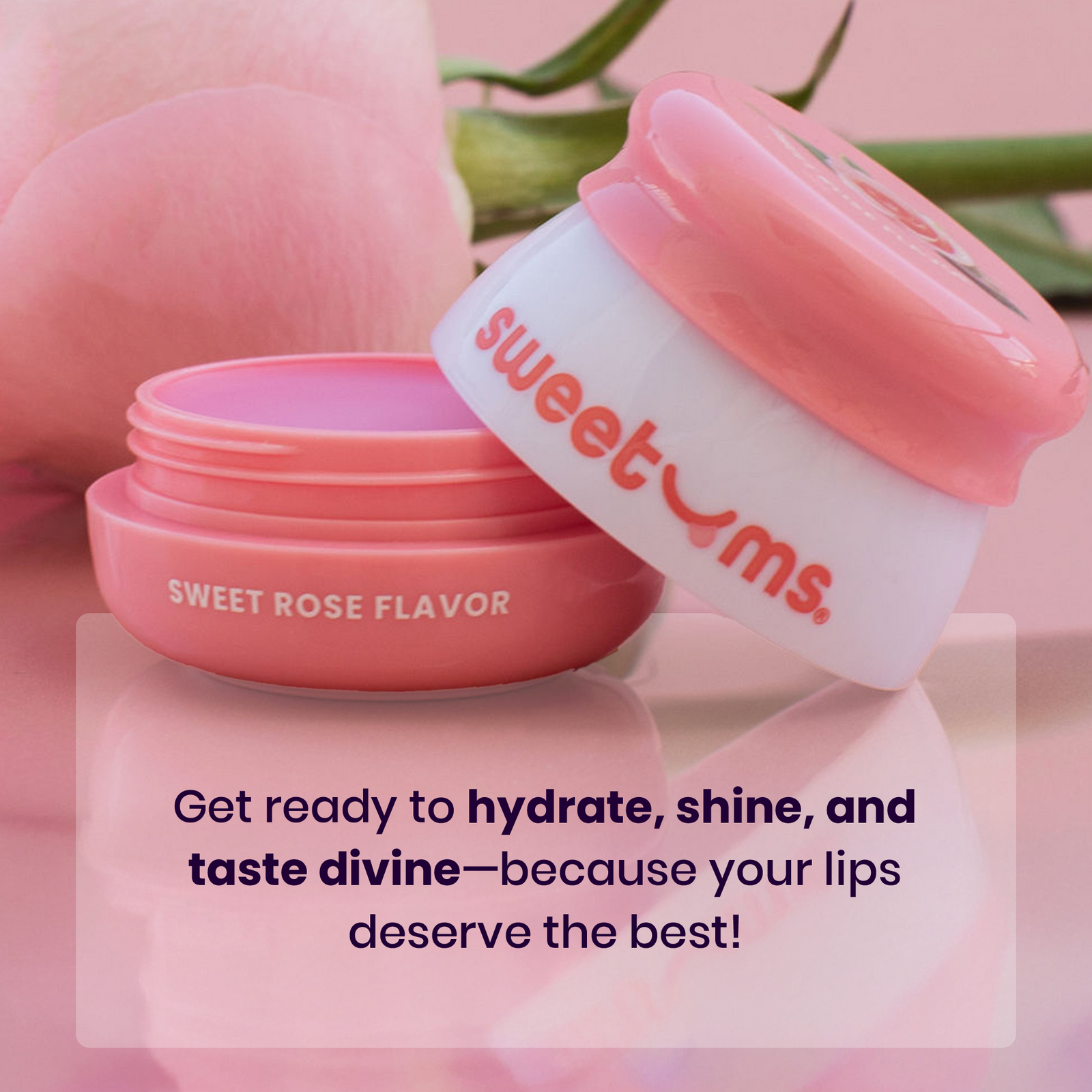 Rose flavored lip balm with text on a pink background
