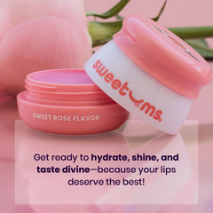 Rose flavored lip balm with text on a pink background