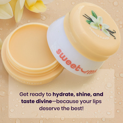 Vanilla Lip balm container with text on a wet surface